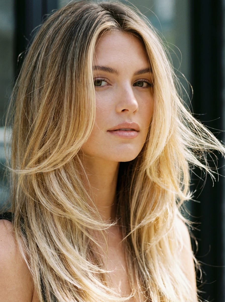 Balayage Blond auf langem Stufenschnitt - Blondes Balayage